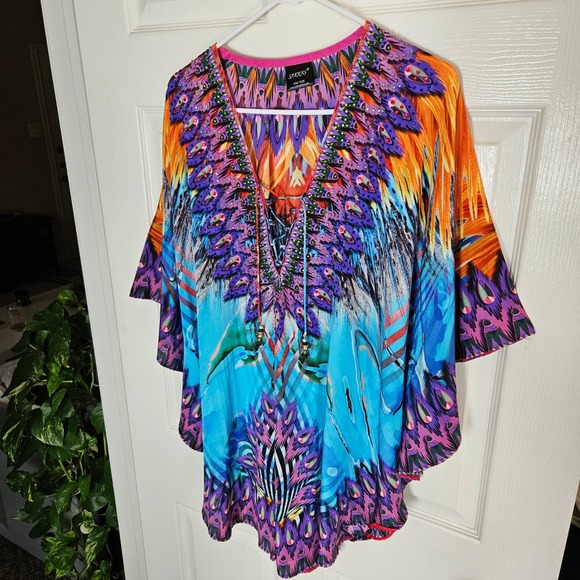 SAKKAS Women's ONE SIZE Kaftan Sequins Poncho Blouse Top Colorful Bohemian - Picture 14 of 15